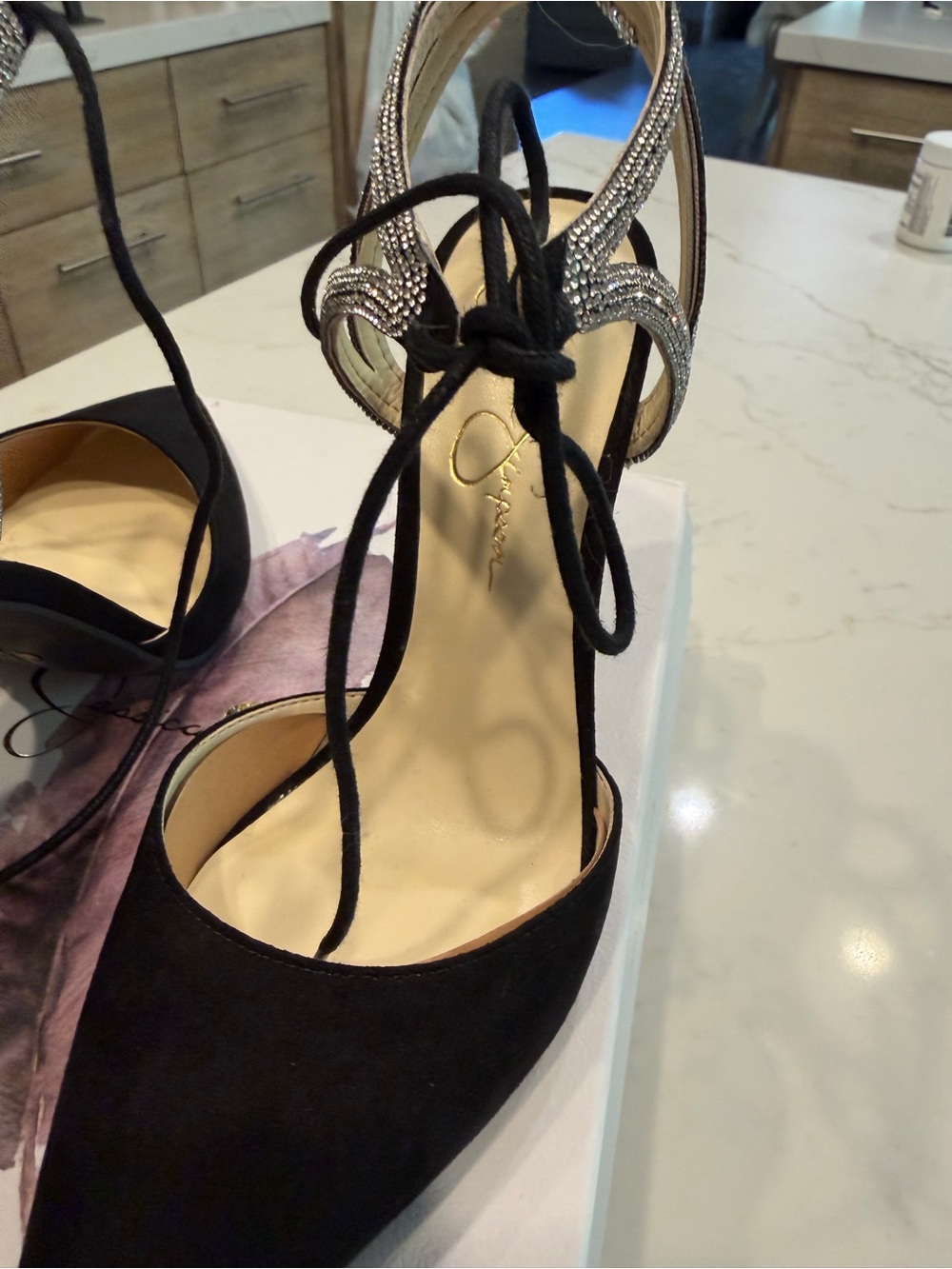 🆕 Jessica Simpson Black Suede Pointed Toe Rhinestone Ankle Tie Heels - Picture 12 of 17